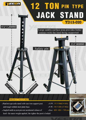 12 ton capaciteit Pin type Jack Stand met veiligheidsspeld en hoekige tanden post slot en grote zadel oppervlakte